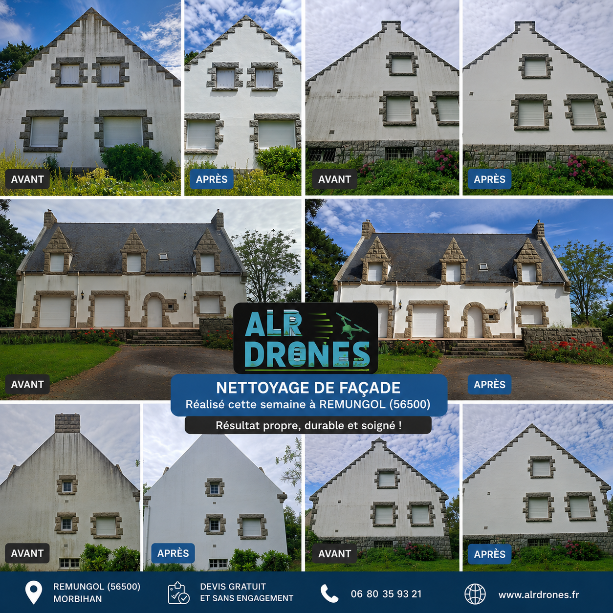 Avant / après du nettoyage de façade de deux maisons à Remungol (56500) dans le Morbihan, réalisé par ALR Drones. Élimination des traces noires, algues et salissures pour retrouver des façades propres et éclatantes.