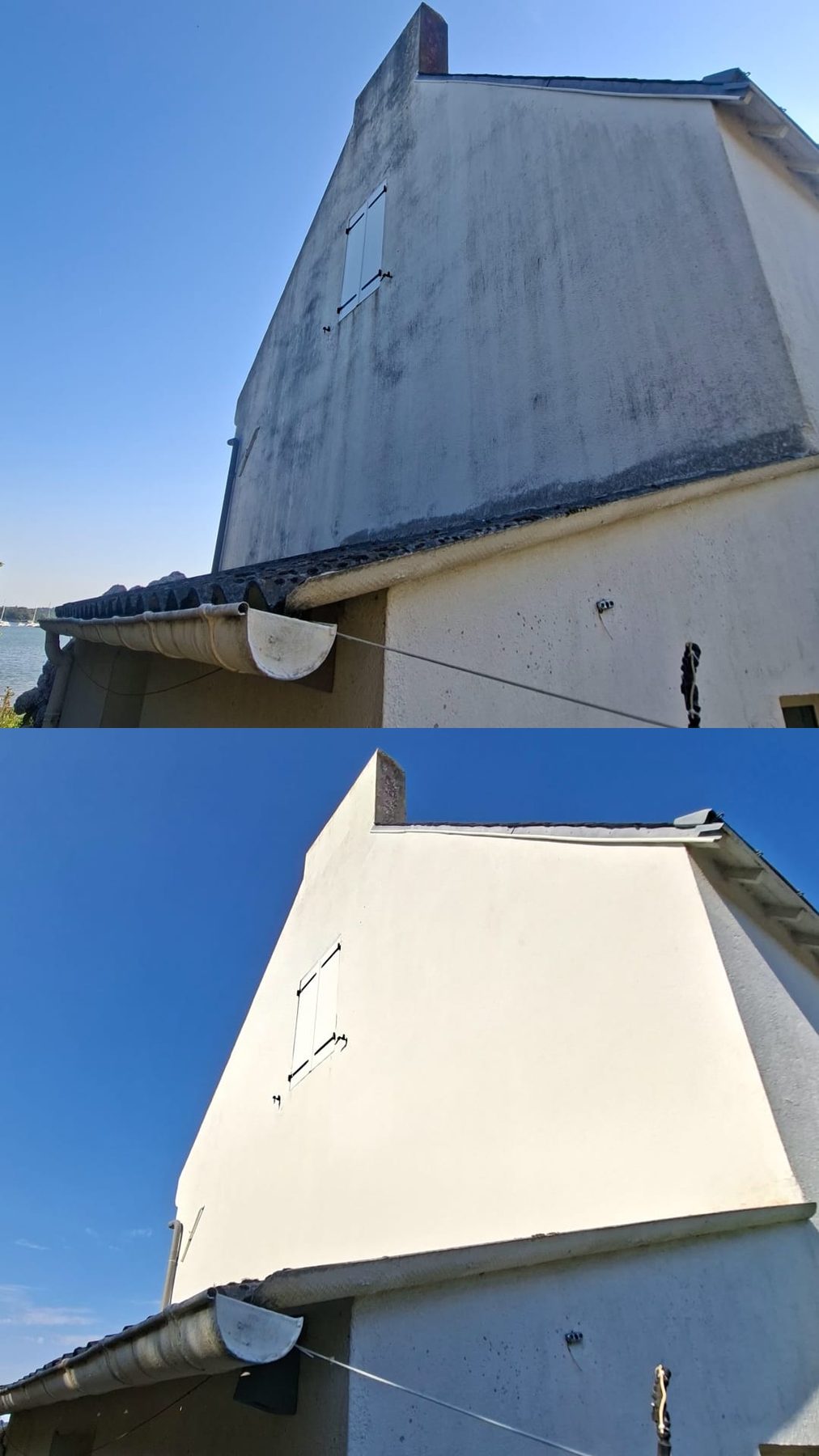 Avant / après d'un nettoyage de façade par drone à l'Île-aux-Moines (56)
