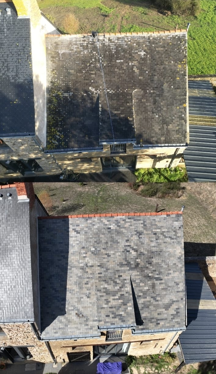Avant / après d'une toiture traitée par drone en action lente à Saint-Dolay (56)