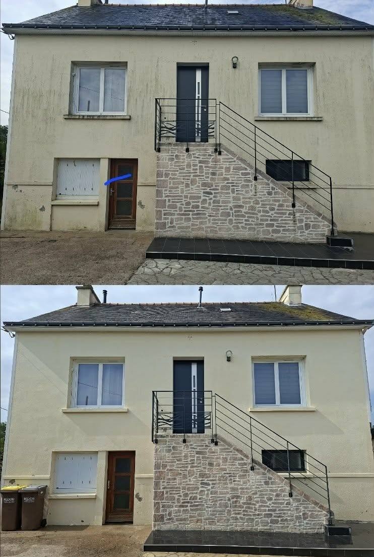 Avant / après nettoyage de façade par drone à Saint-Jacut-les-Pins (56) — pignon retraité et nettoyé