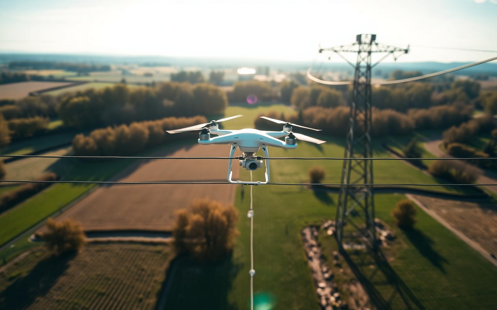 Drone acheminant une ligne guide entre deux pylônes électriques